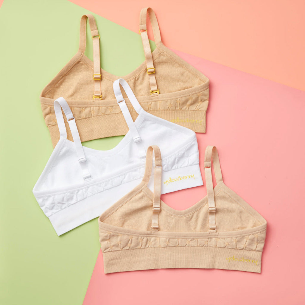 Yellowberry Girls' 3PK Best Cotton Starter Bras with Convertible Straps -  Small, Beige